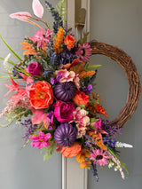 Pink and purple autumn half wreath
