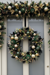 Full door view of luxury artificial Christmas wreath and matching garland in black and dark green