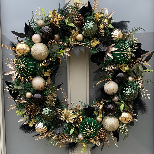 Rich dark green, black and gold luxury artificial Christmas wreath