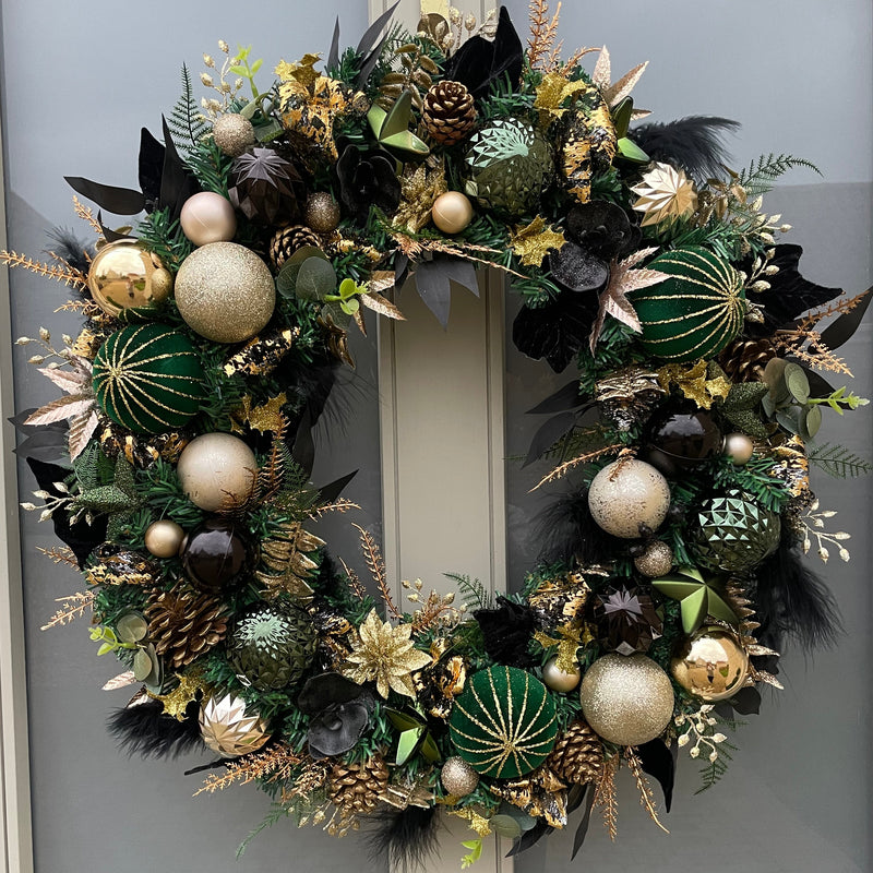 Rich dark green, black and gold luxury artificial Christmas wreath