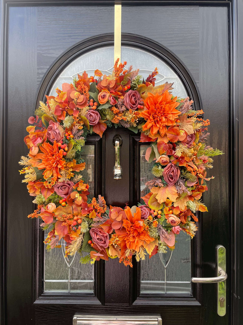 Decorative door wreath, 60cm featuring oranges and browns 