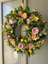 Lemon and Pink Large luxury Spring tulip rose wreath year round