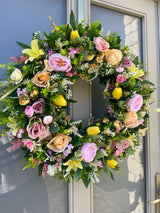 Lemon and Pink Large luxury Spring tulip rose wreath year round