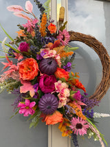 Pink and purple autumn half wreath