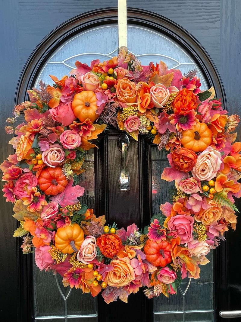 Extra large luxury artificial pink and orange Autumn Wreath