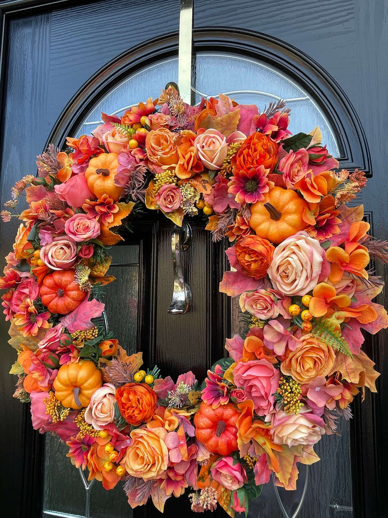 Extra large luxury artificial pink and orange Autumn Wreath