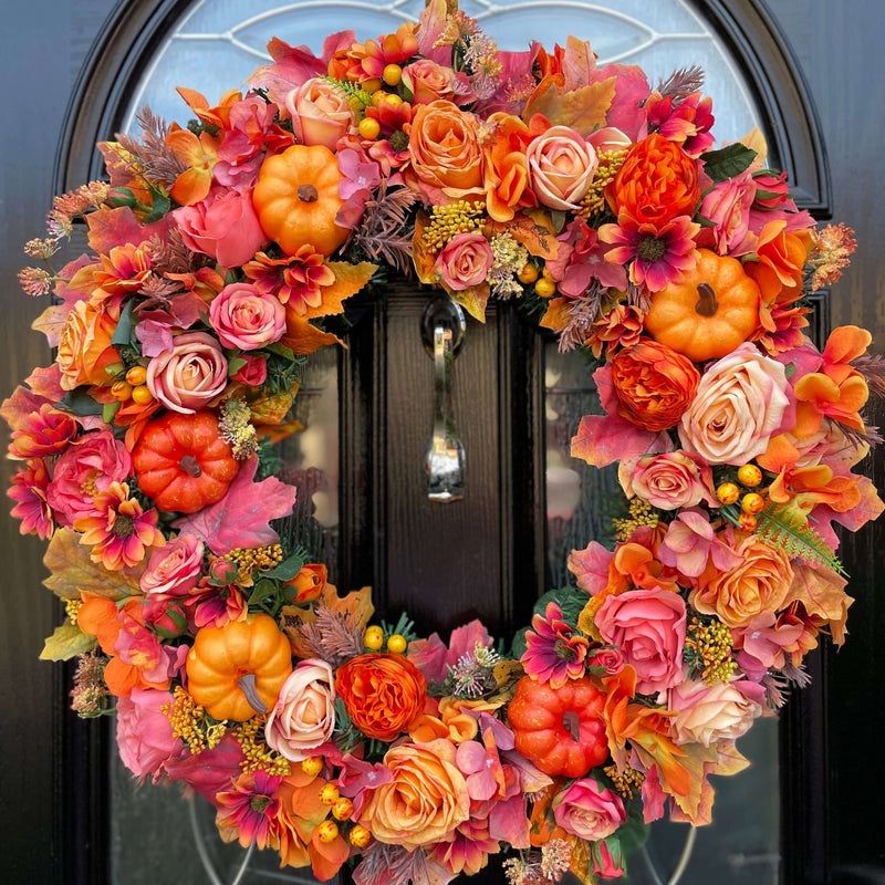 Extra large luxury artificial pink and orange Autumn Wreath