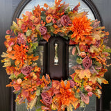 60cm artificial autumn wreath featuring Dhalia and an abundance of colour and florals.