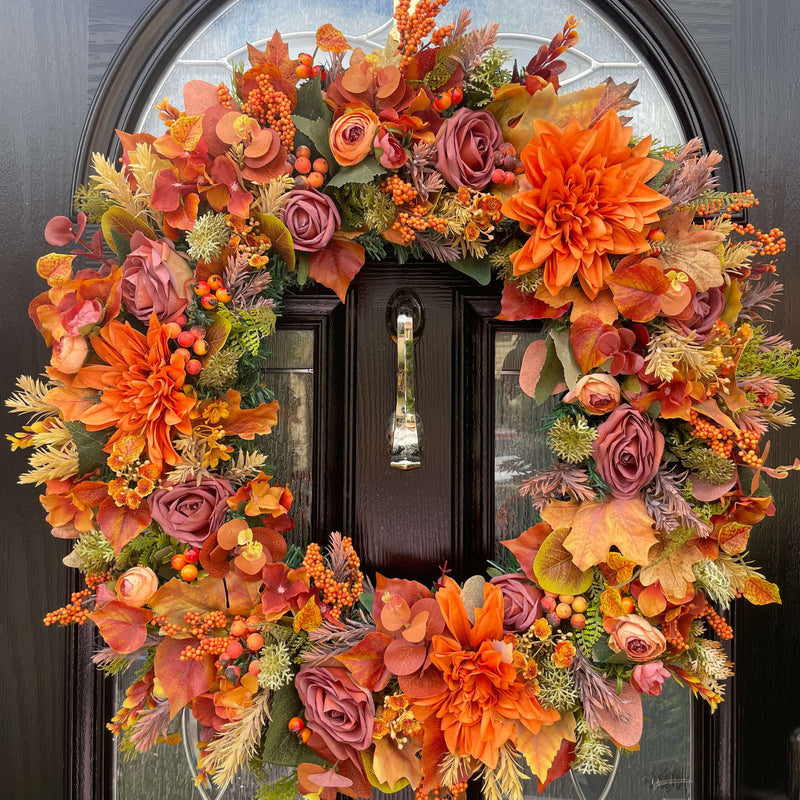 60cm artificial autumn wreath featuring Dhalia and an abundance of colour and florals.