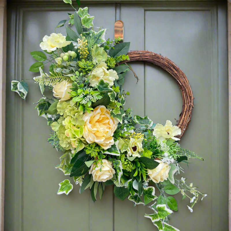 Luxury artificial lemon peony and rose year round half wreath