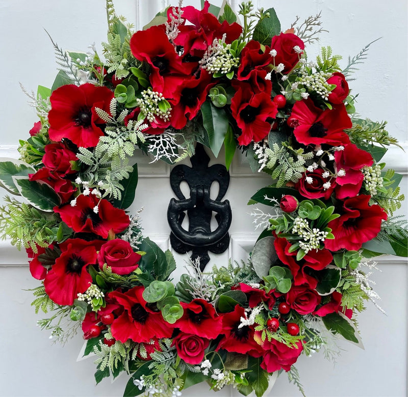 luxury artificial red poppy and foliage 50cm wreath