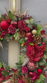 Extra Large rich red rose artificial Christmas Wreath New featuring burgundy roses and festive decorations.