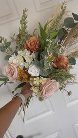 Luxury rustic nude and orange silk, preserved and pampas wedding bouquet