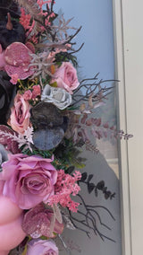 Extra large luxury skeleton Halloween wreath pink and black