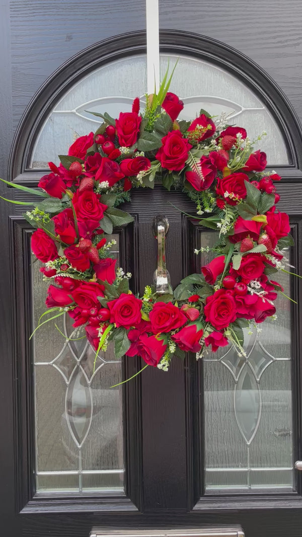 Luxury artificial Red rose and strawberry valentines wreath