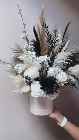 Luxury artificial flower and pampas black and cream hat box arrangement