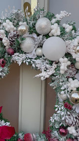 Extra large luxury artificial Christmas wreath snowy white and red