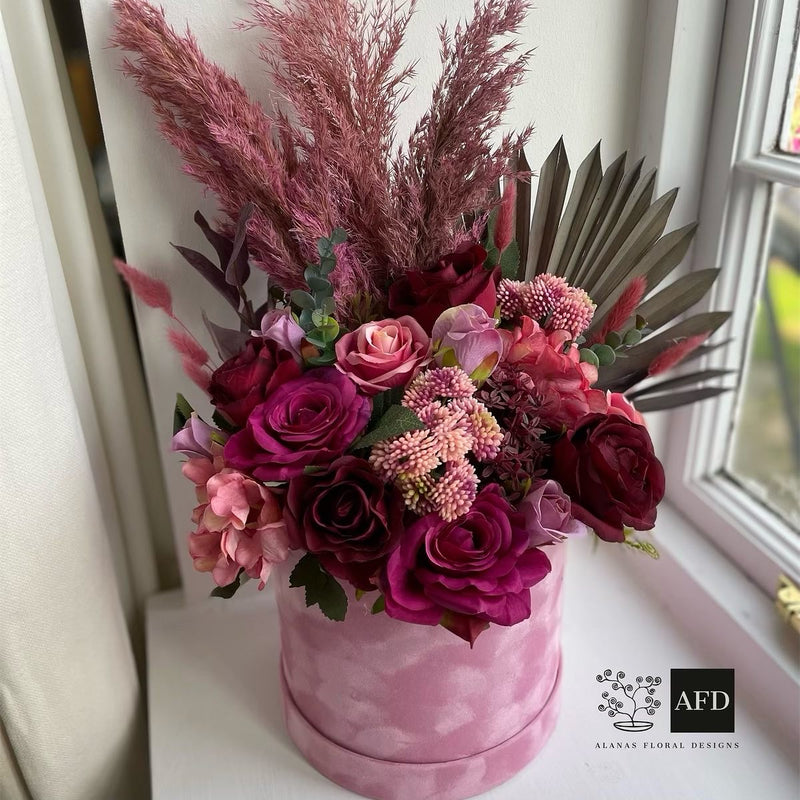 Large Luxury faux flower and pampas hat box, deep plums and pinks arrangement