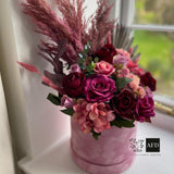 Large Luxury faux flower and pampas hat box, deep plums and pinks arrangement