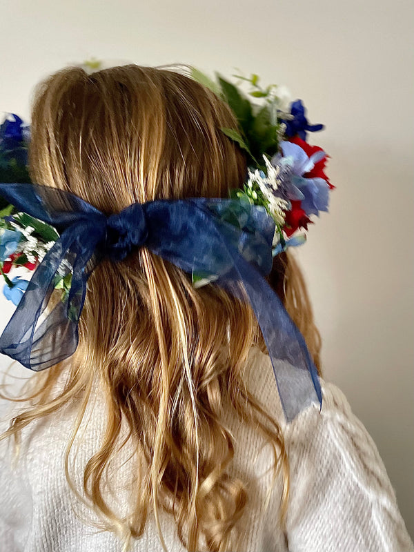 Patriotic red, white and blue flower crown headband