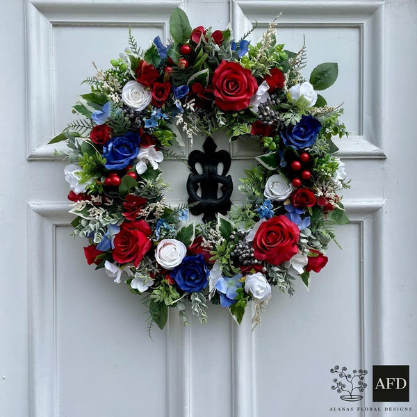Luxury patriotic red, blue and white year round wreath.