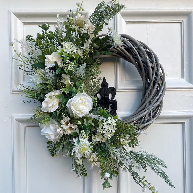 Large luxury white rose spring half wreath year round