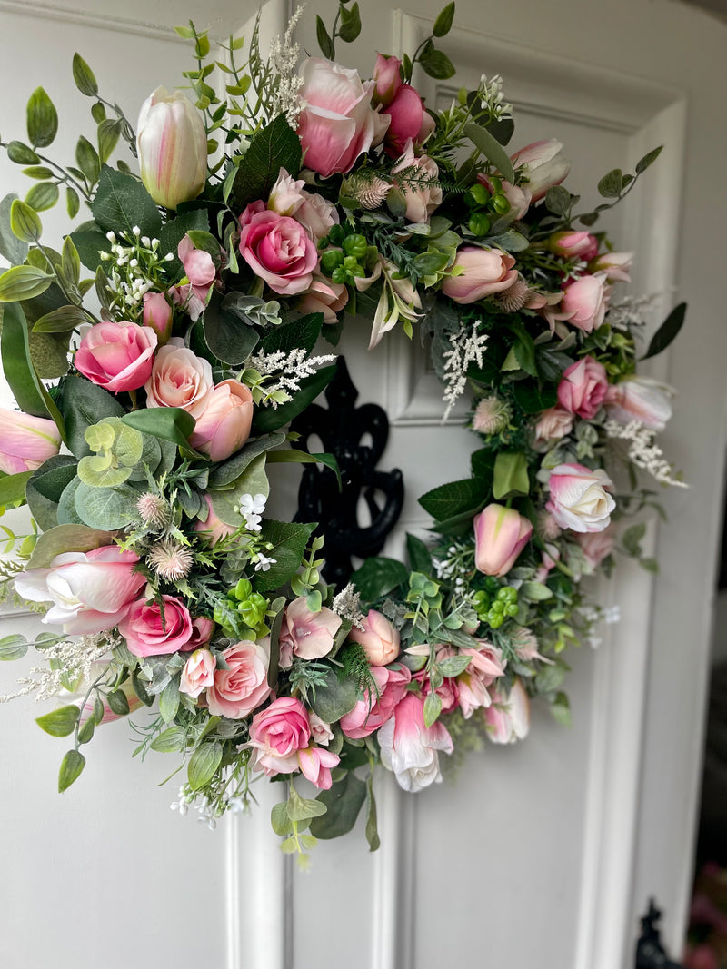Pink rose bud and tulip year round wreath