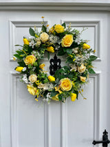 Large bright yellow rose and tulip year round wreath