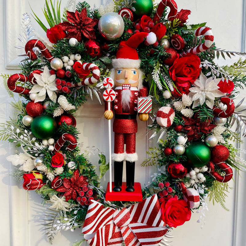 Large luxury nutcracker candy cane red and white candy cane Christmas wreath