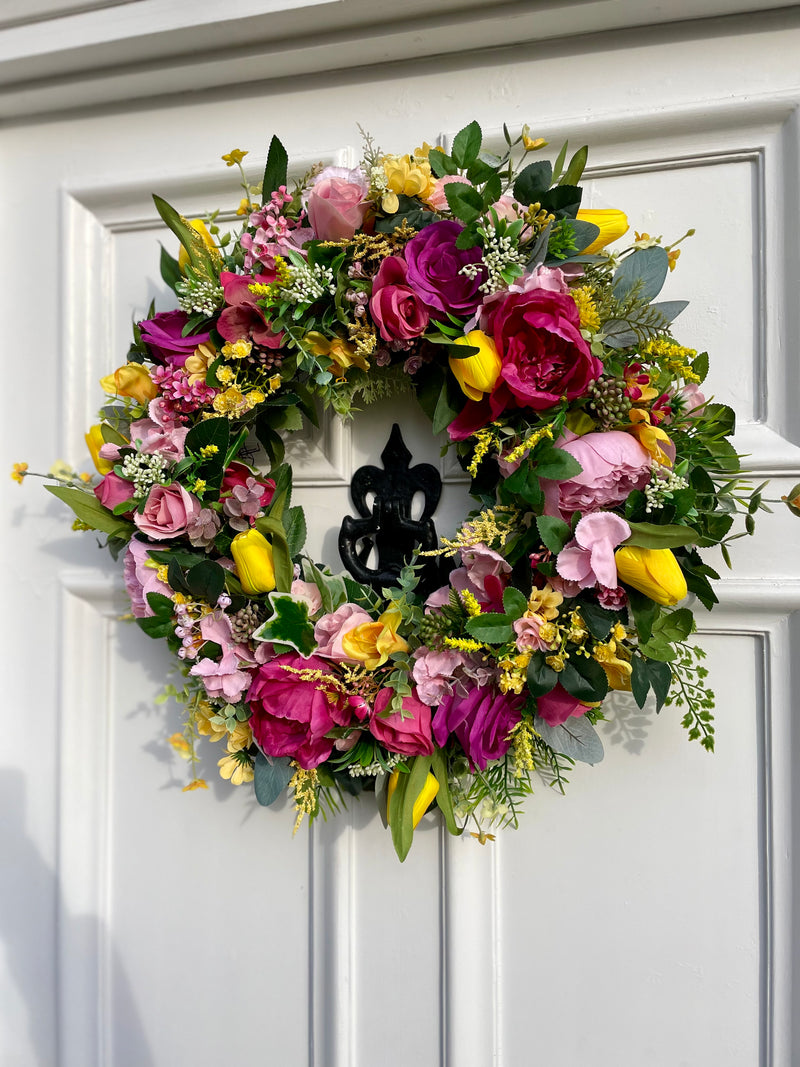 Large Bright Pink and Yellow Spring Tulip Wreath