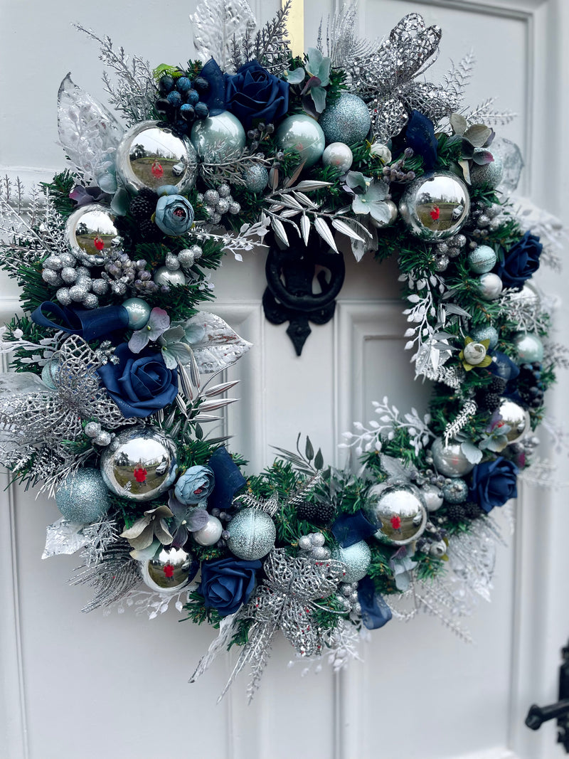 Large luxury navy, aqua and silver Christmas Wreath