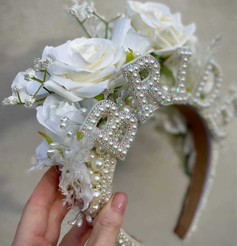 Bride to be, hen do, pearl diamante flower crown, headband