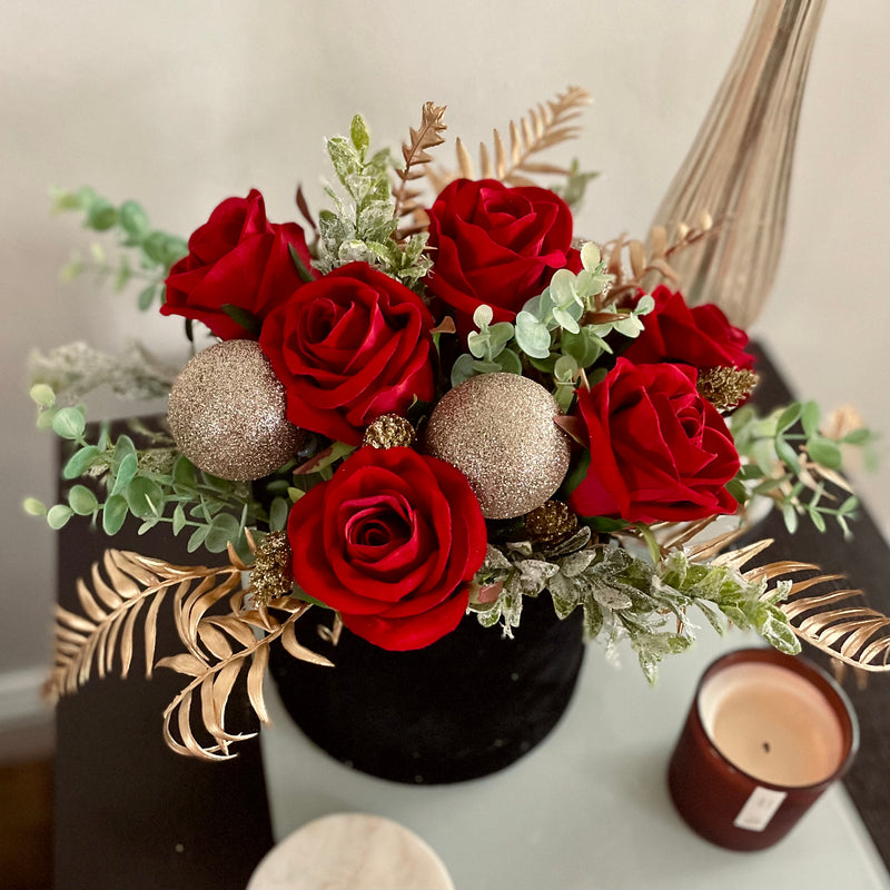 Velvet red rose and gold Luxury Christmas centrepiece hat box arrangement