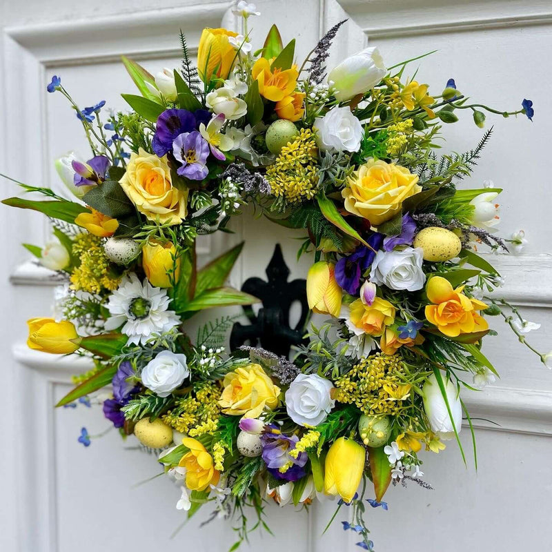 Luxury yellow purple tulip and rose Spring Wreath