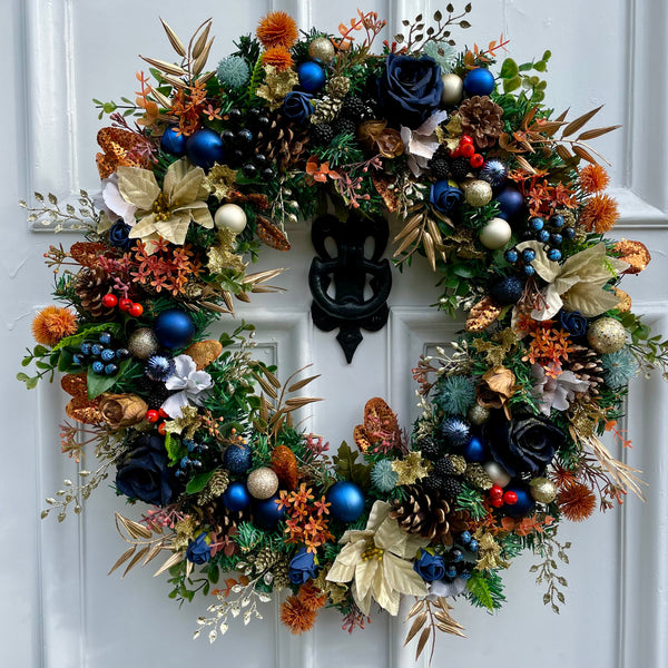 Large Luxury Navy Blue and Gold Christmas Woodland Wreath
