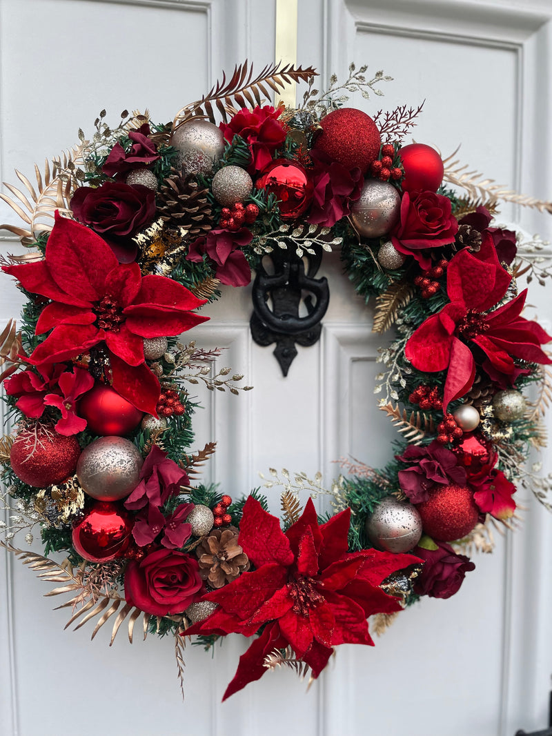 Large luxury red traditional poinsettia Christmas wreath