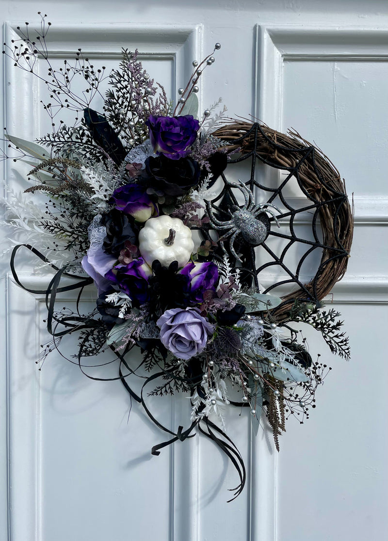 Large luxury Halloween purple and black spider wreath autumn