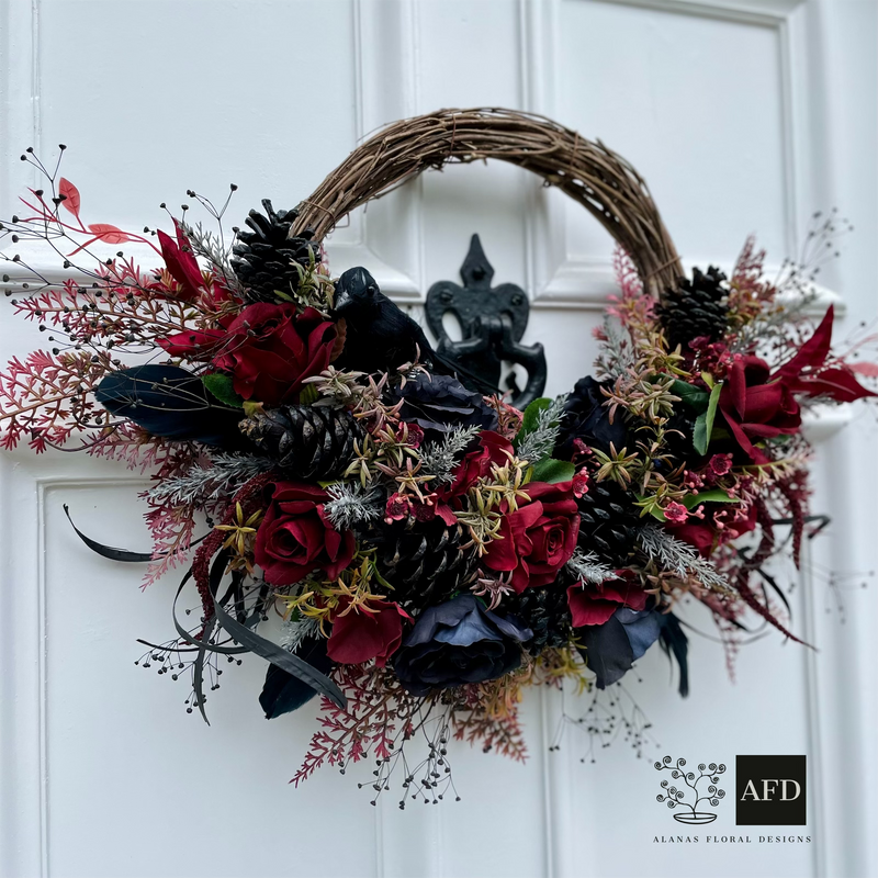 Gothic Luxury Autumn Halloween Raven Wreath Red and Black