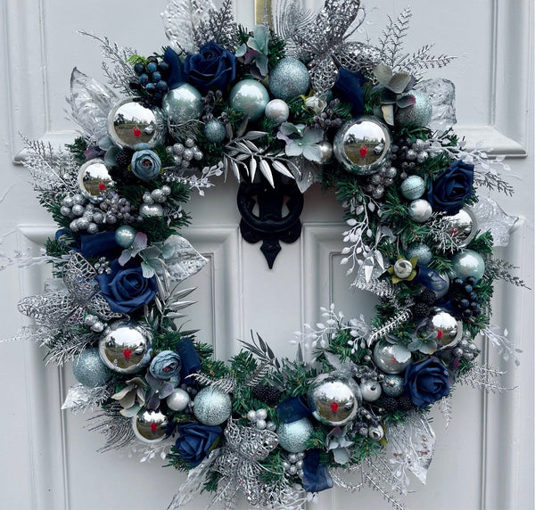Large luxury navy, aqua and silver Christmas Wreath
