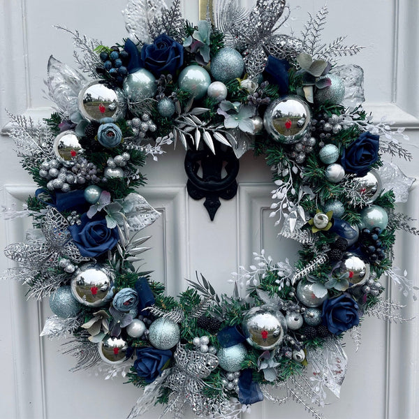 Blue deals and silver Christmas wreath. Christmas Wreath for front door.