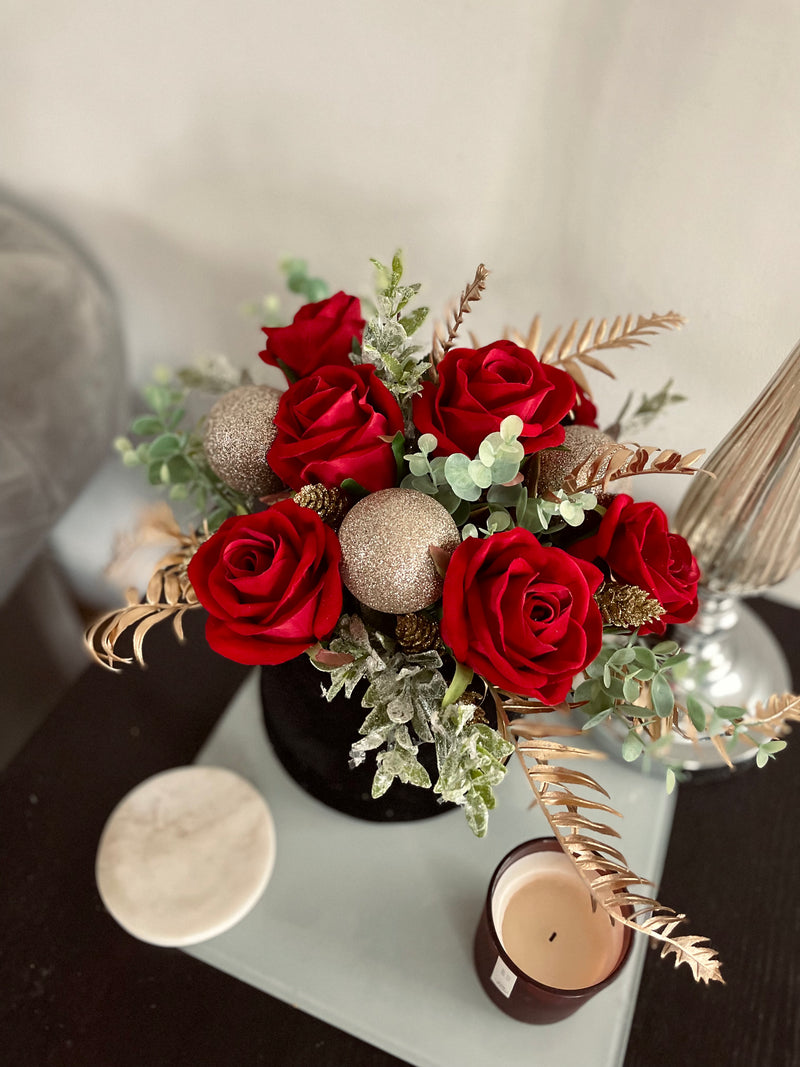 Velvet red rose and gold Luxury Christmas centrepiece hat box arrangement