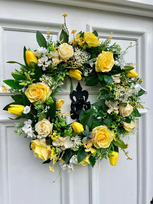 Large bright yellow rose and tulip year round wreath