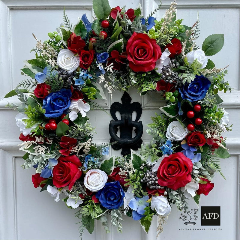 Luxury patriotic red, blue and white year round wreath.